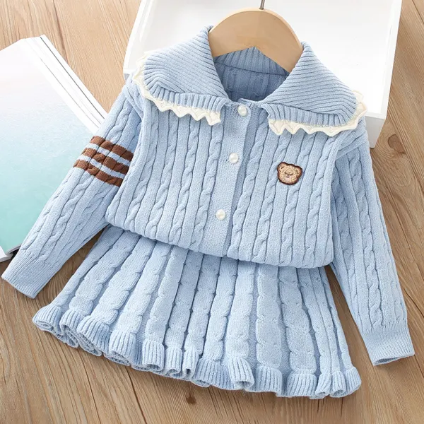 【18M-6Y】2-piece Girls Bear Embroidered Long Sleeve Sweater Cardigan And Skirt Set - Popopieshop.com 