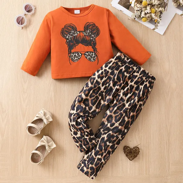 【18M-6Y】2-piece Girls Cartoon Print Long Sleeve T-shirt And Leopard Print Pants Set - Popopieshop.com 