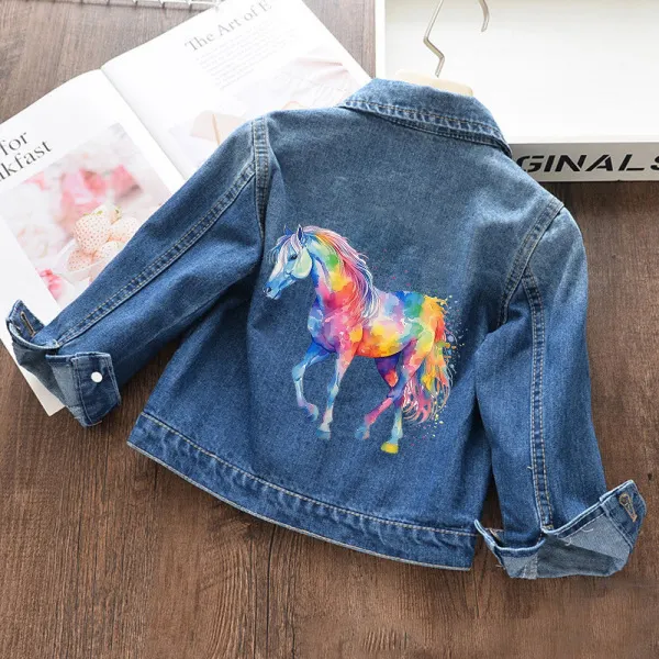 【18M-11Y】Unisex Kids Rainbow Horse Print Denim Jacket - Popopieshop.com 