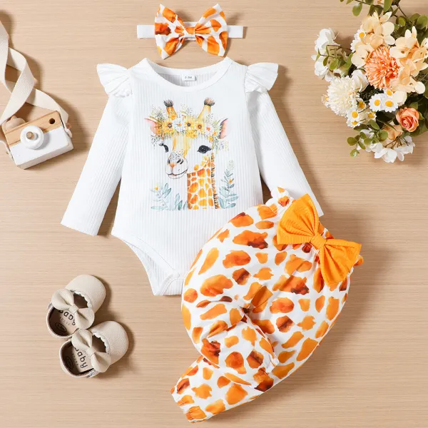 【0M-18M】3-piece Baby Girl Giraffe And Elephant Print Long Sleeve Romper And Pants Set With Hairband - Popopieshop.com 