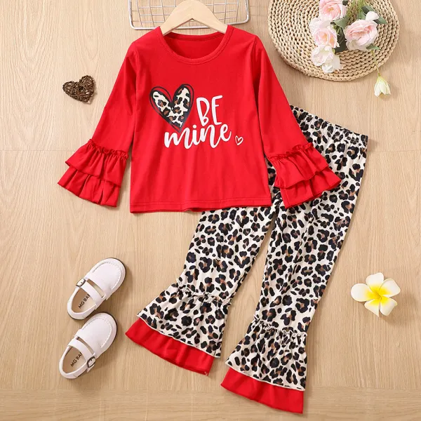【18M-6Y】2-piece Girls Red Heart Letter Print Long Sleeve T-shirt And Leopard Print Pants Set - Popopieshop.com 