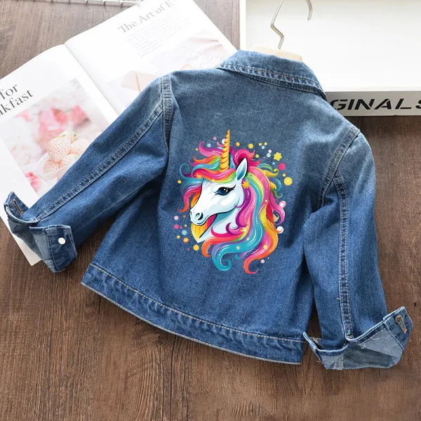 【18M-11Y】Girls Fashion Color Bubble Unicorn Print Blue Denim Jacket - Popopieshop.com 