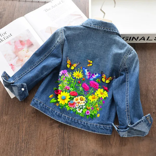 【18M-11Y】Girls Fashion Floral And Butterfly Print Blue Denim Jacket - Popopieshop.com 