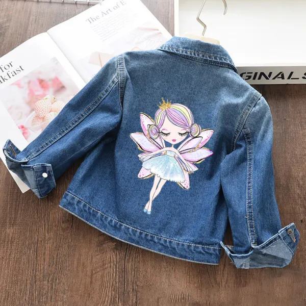 【18M-11Y】Girl Casual Elf Girl Print Blue Denim Jacket - Popopieshop.com 