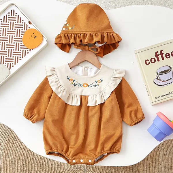 【3M-24M】2-piece Baby Girls Cute Floral Embroidered Ruffle Romper And Hat Set - Popopieshop.com 