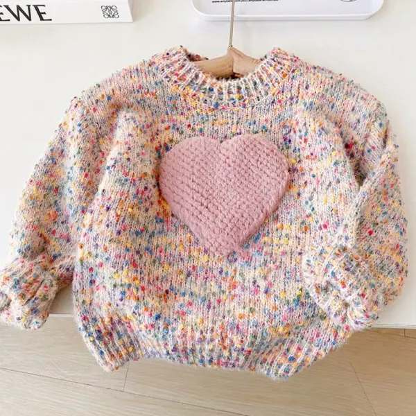 【12M-6Y】Girls Fashion Cute Heart Shape Jacquard Colorful Round Neck Long Sleeve Sweater - Thefolls.com 