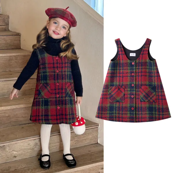 【18M-6Y】Girls Stylish Red Plaid Sleeveless Dress - Popopieshop.com 