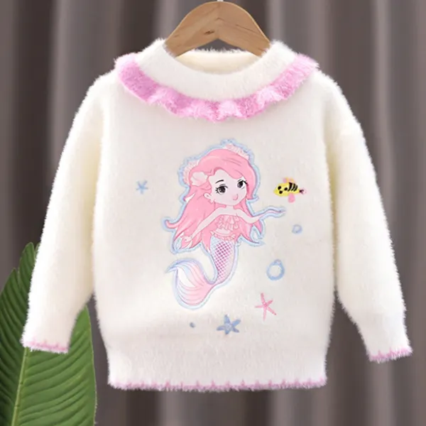 【2Y-10Y】Girls Cute Mermaid And Starfish Embroidered Ruffle Collar Long Sleeve Sweater - Thefolls.com 