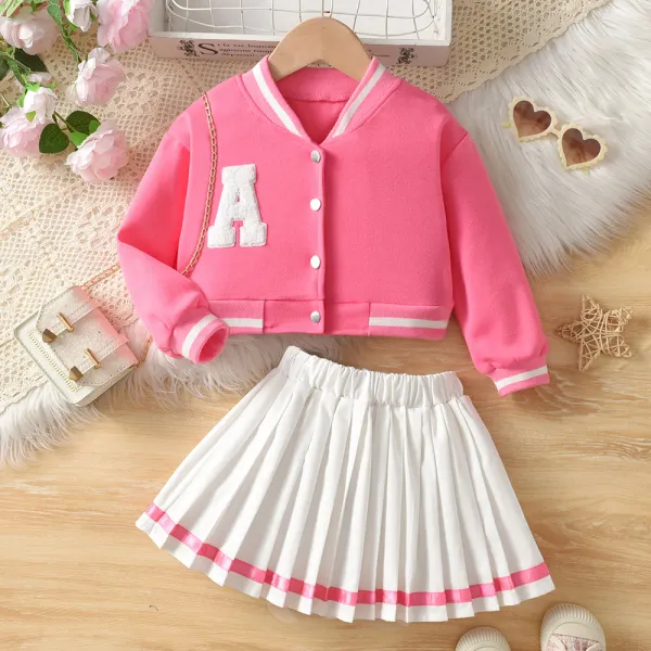 【3Y-8Y】2-piece Girls Fashion Letter Embroidered Baseball Jacket And Pleated Skirt Set - 34781 - Popopieshop.com 