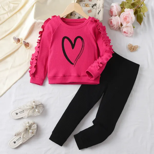 【2Y-7Y】2-piece Girls Sweet Heart-shaped Printe Ruffled Sweatshirt And Pants Set - 34797 - Popopieshop.com 