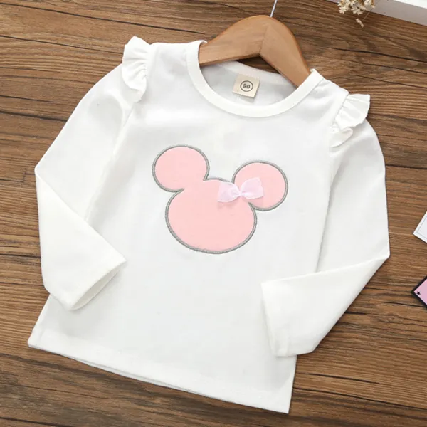 【18M-6Y】Girls Cute Mickey Mouse Embroidered Ruffled Long Sleeve T-Shirt - Popopieshop.com 