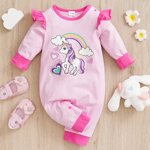 【0M-18M】Baby Girl Cotton Pink Unicorn Print Long Sleeve Romper - Popopieshop.com 