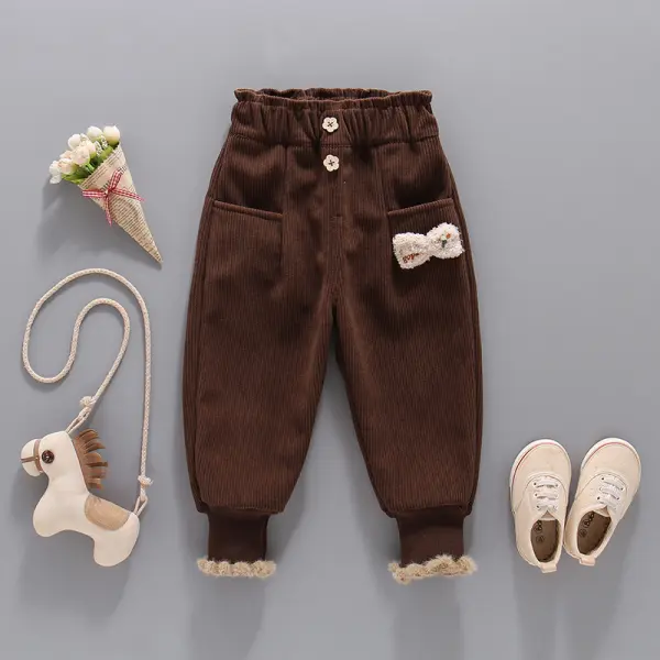 【18M-8Y】Girls Bow Applique Corduroy Pants - Popopieshop.com 