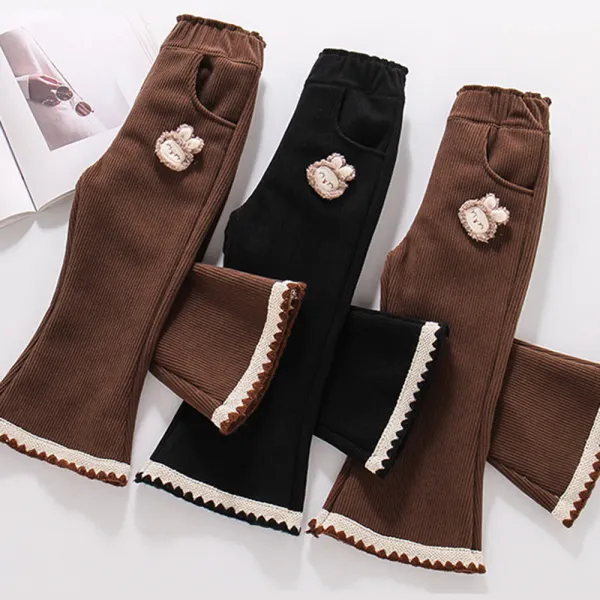 【18M-8Y】Girls Bunny Applique Corduroy Flared Pants - Popopieshop.com 