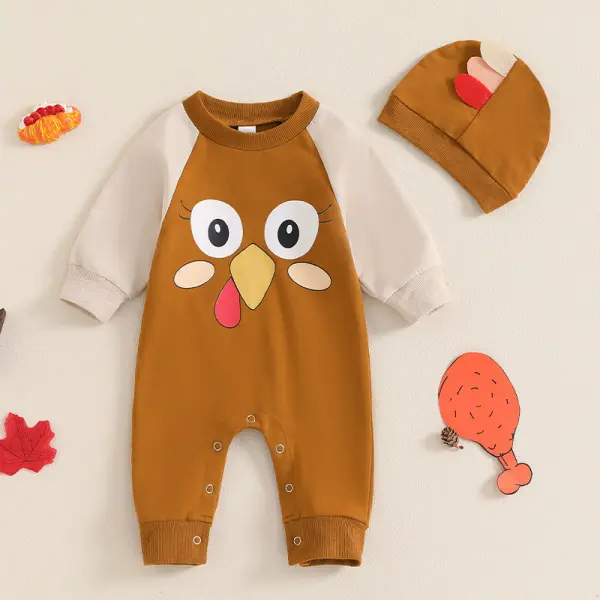 【0M-18M】2-piece Unisex Baby Thanksgiving Turkey Print Long Sleeve Romper With Hat Set - Popopieshop.com 