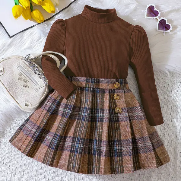 【18M-6Y】2-Piece Girls' Long Sleeve T-Shirt And Plaid Pleated Skirt Set - Popopieshop.com 