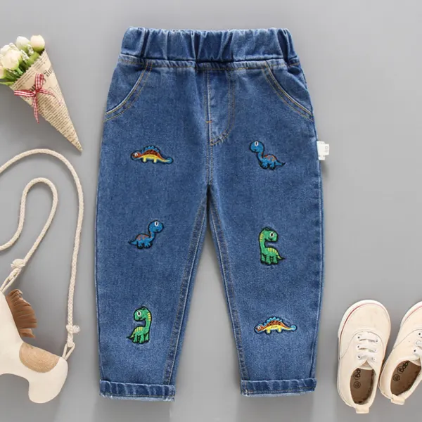【18M-6Y】Boys Dinosaur Embroidered Jeans - Popopieshop.com 