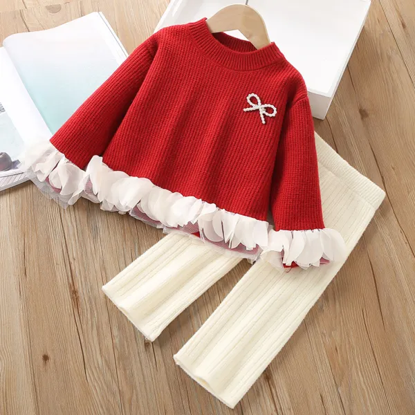 【18M-6Y】2-piece Girls Pearl Bow Ruffle Long Sleeve Sweater And Pants Set - 34792 - Popopieshop.com 