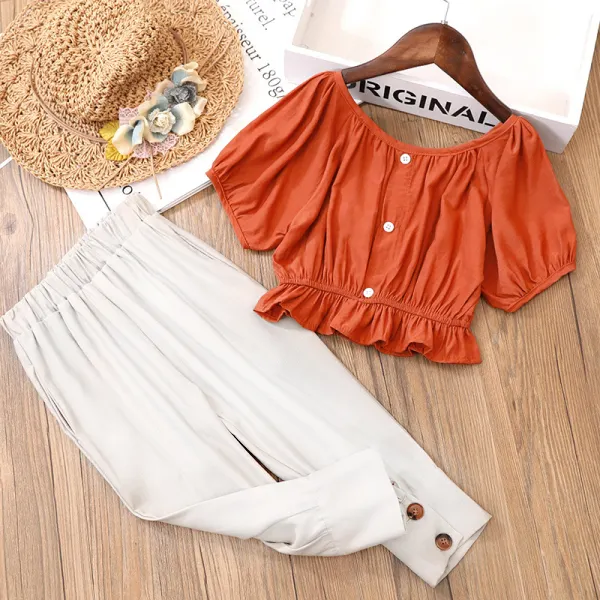 【2Y-13Y】2-piece Girls Elegant Brown Top And Pants Set - 34165 - Popreal.com 