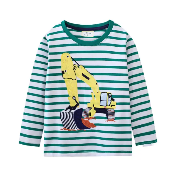 【1Y-7Y】Boys Casual Digger Embroidered Green Striped Long Sleeve T-shirt - Popopieshop.com 