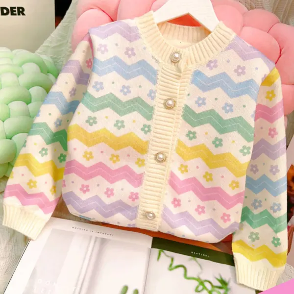 【18M-12Y】Girls Sweet Colorful Bowknot Plaid Floral Print Round Neck Sweater Coat - Popopieshop.com 
