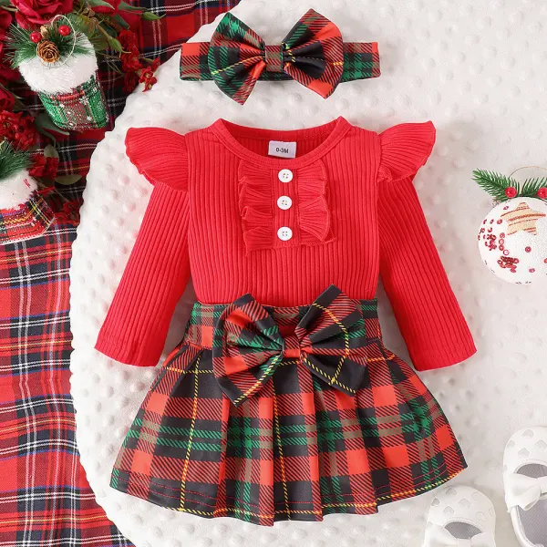 【0M-18M】3-piece Baby Girls Cute Solid Color Ruffled Long Sleeve T-shirt And Plaid Skirt Set With Headband Only $25.99 - Popopieshop.com 