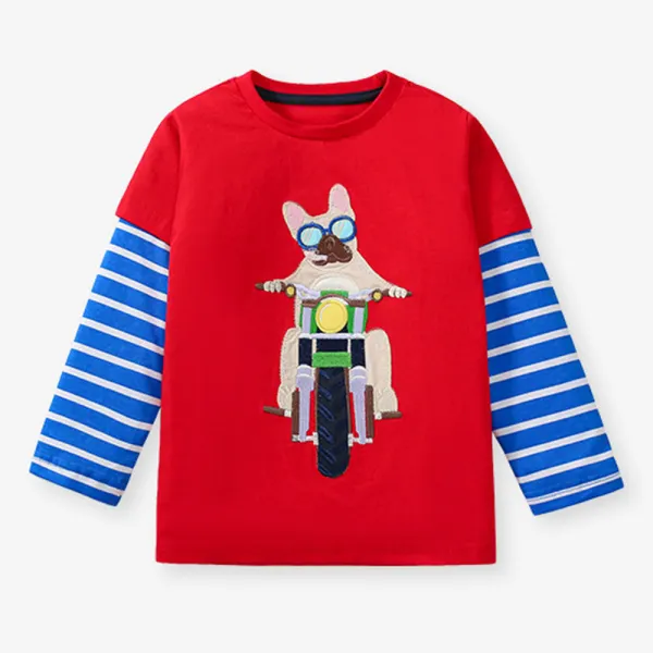【18M-7Y】Boys Casual Cotton Fake Two Piece Dog Cycling Embroidered Long Sleeve T-shirt - Popopieshop.com 