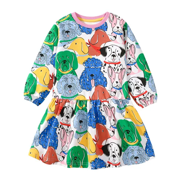【18M-7Y】Girls Cute Colorful Puppy Print Round Neck Dress - Popopieshop.com 