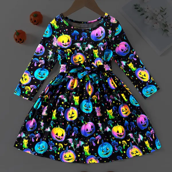 【3Y-7Y】Girls Cute Halloween Luminescent Cartoon Pumpkin Print Long Sleeve Dress - Popopieshop.com 
