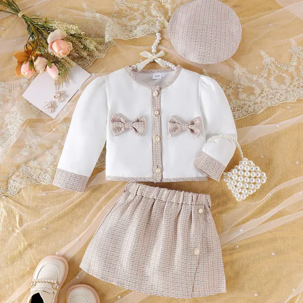 【6M-3Y】3-piece Baby Girl Sweet Chanel Style Bowknot Long Sleeve Top And Skirt Set With Hat - 34789 - Popopieshop.com 