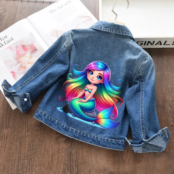 【18M-11Y】Girl Casual Mermaid Print Blue Denim Jacket - Popopieshop.com 