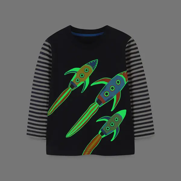 【18M-7Y】Boys Casual Luminous Rocket Splicing Striped Long-sleeved T-shirt - Popopieshop.com 