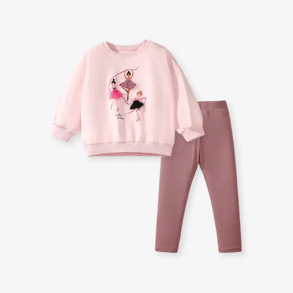 【1Y-7Y】2-Piece Girls Fashion Cartoon Ballet Girl Embroidered Pink Sweatshirt And Pink Brown Leggings Set - 34786 - Popopieshop.com 