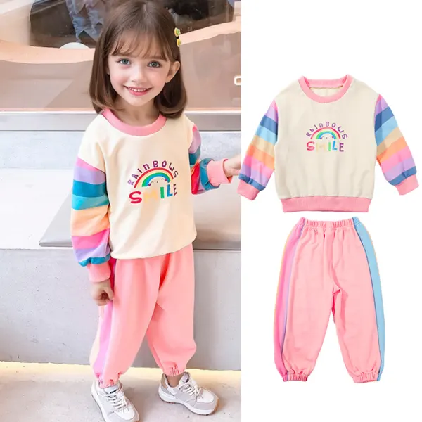 【18M-8Y】2-piece Girls Cute Rainbow Print Splicing Rainbow Striped Sweatshirt And Pants Set - 34725 - Popopieshop.com 