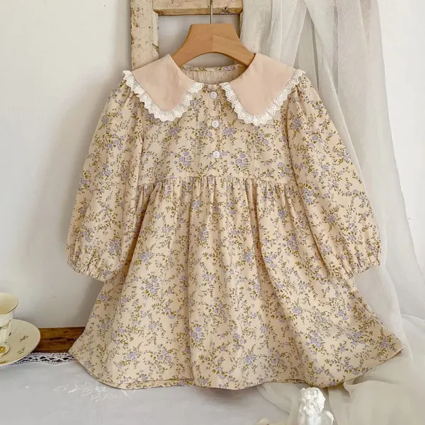 【2Y-7Y】Girls Sweet Floral Print Doll Neck Long Sleeve Dress - Popopieshop.com 