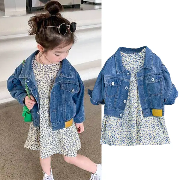 【2Y-8Y】2-piece Girls Sweet Floral Print Ruffled Long Sleeve Dress And Blue Lapel Denim Jacket Set - Popopieshop.com 