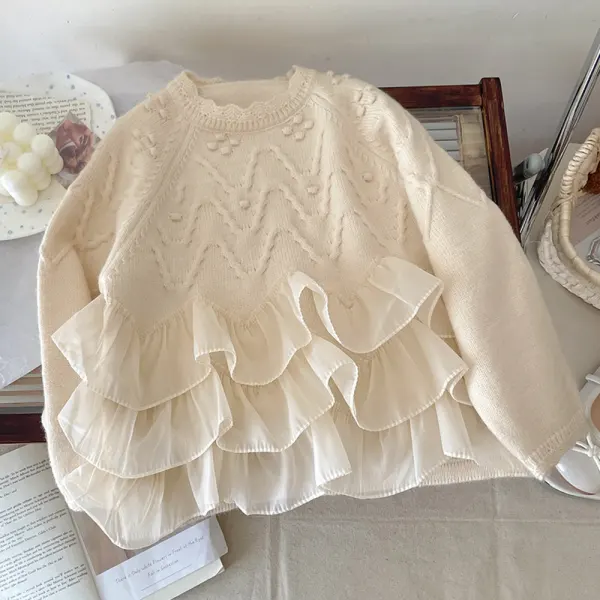 【18M-8Y】Girls Sweet Jacquard Ruffled Layered Crew Neck Sweater - Popopieshop.com 