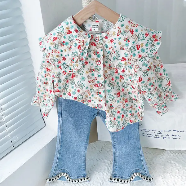 【2Y-8Y】2-piece Girls Sweet Floral Large Lapel Long-sleeved Shirt And Flared Jeans Set - Popopieshop.com 