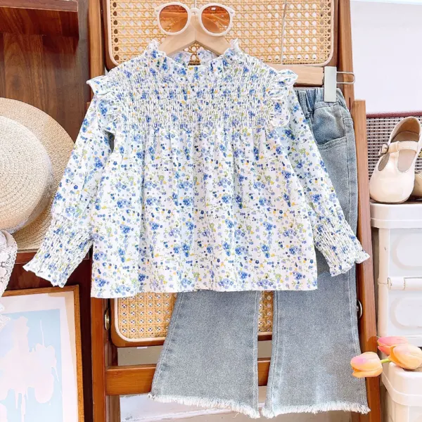 【2Y-8Y】2-piece Girls Sweet Floral Print Ruffled Puff Sleeve Shirt And Flared Jeans Set - Popopieshop.com 