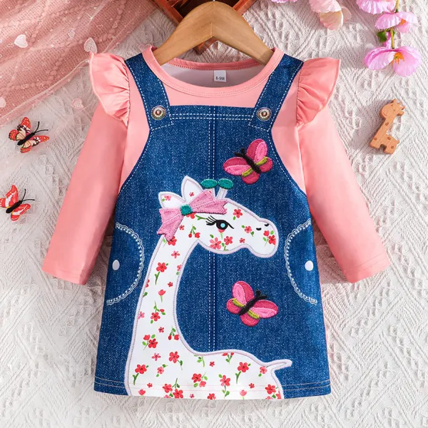 【6M-3Y】Baby Girl's Cute Giraffe And Butterfly Printed Fake Two Piece Long Sleeve Dress - 33502 - Podoasis.com 