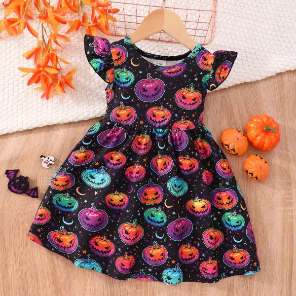 【18M-8Y】Girl Cute Halloween Skull Pumpkin Cartoon Print Ruffle Sleeveless Dress - Popopieshop.com 