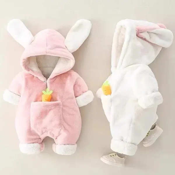 【3M-24M】Baby Girls Cute Faux Fur Keep Warm Rabbit Hooded Romper - Popopieshop.com 