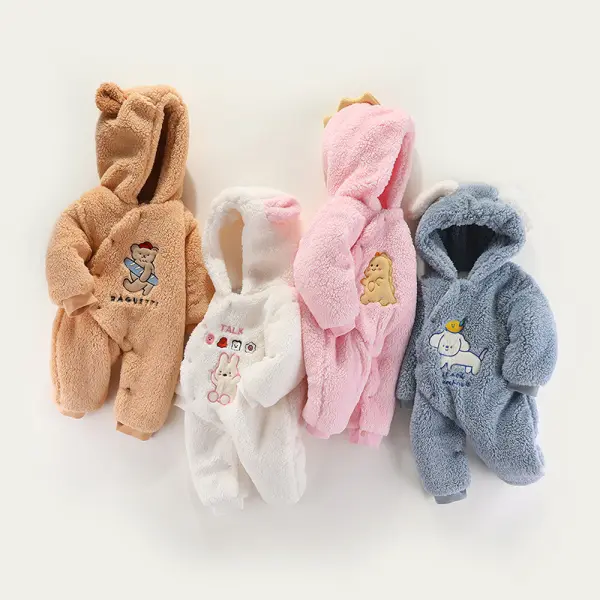 【0M-18M】Unisex Baby Cute Cartoon Embroidered Fleeced Keep Warm Hooded Jumpsuit - Popopieshop.com 