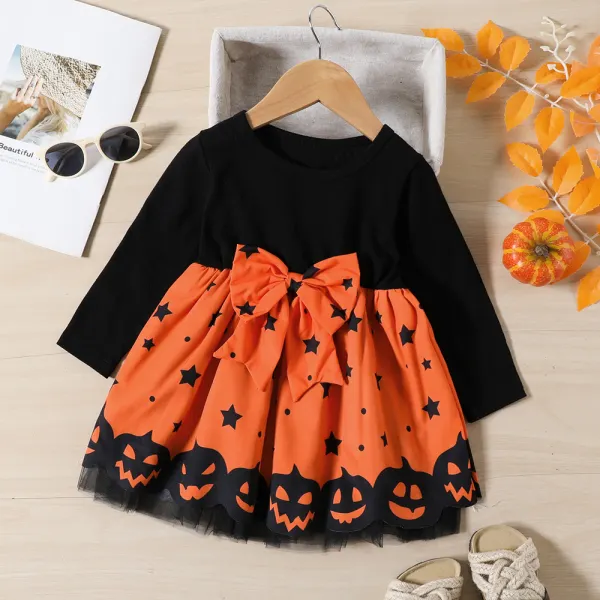 【18M-6Y】Girl Cute Halloween Bowknot Pumpkin Ghost Print ColorBlock Dress - Thefolls.com 