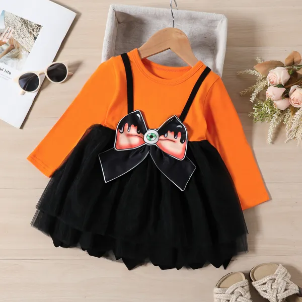 【18M-6Y】Girl Halloween Cat Eye Bowknot Fake Two-piece Long Sleeve Stitching Black Tulle Dress - Thefolls.com 