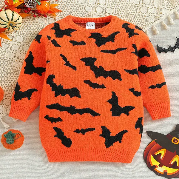 【3Y-8Y】Girl Cute Halloween Warm Orange Bat Jacquard Round Neck Sweater - Popopieshop.com 