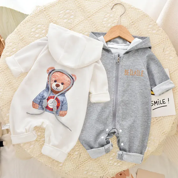 【0M-24M】Unisex Baby Cute Bear Print Hooded Jumpsuit - Popopieshop.com 