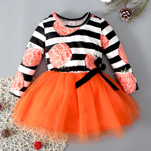 【12M-5Y】Girl Cute Halloween Pumpkin Stripe Print Long Sleeve Stitching Orange Layered Tulle Dress - Popopieshop.com 