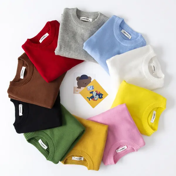 【12M-7Y】Unisex Casual Solid Color Round Neck Long Sleeve Multicolor Sweater - Popopieshop.com 