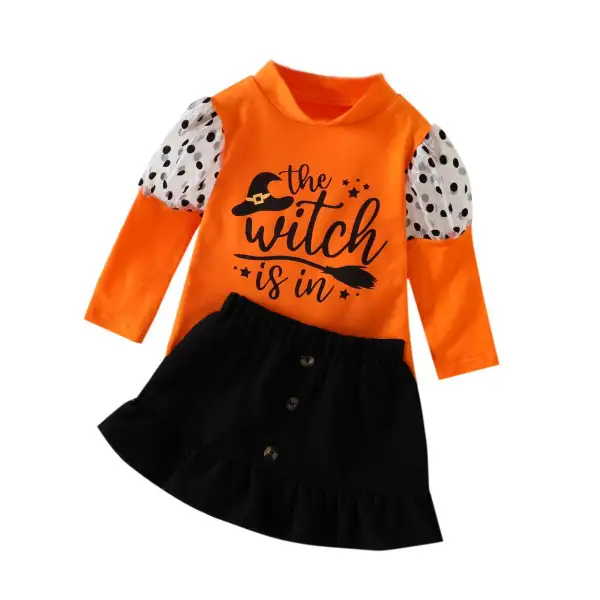 【12M-5Y】Girl Cute Halloween Print Long Sleeve T-Shirt And Skirt Set - Thefolls.com 